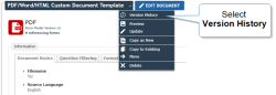 Document dropdown menu highlighting 'Version History' option